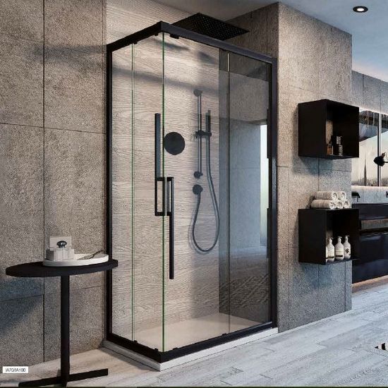 Mampara de ducha rinconera 2 puertas correderas perfil negro cristal  transparente 6mm BOX066