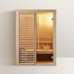 V2025 - Cabina de sauna finlandesa Vision para 2 Personas con madera  Hemlock, Abachi y dos paredes de cristal ahumado