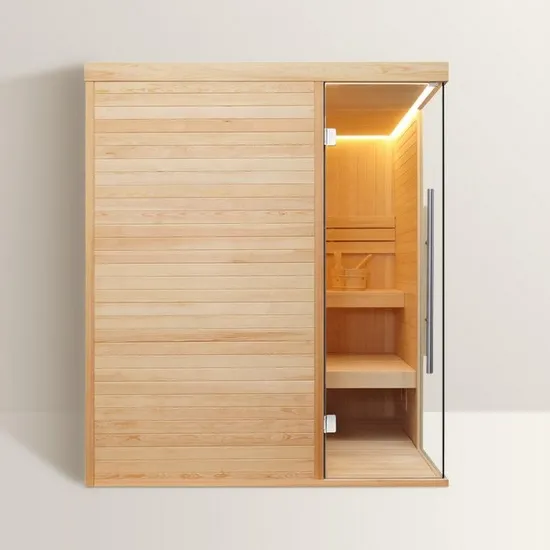 V2025 - Cabina de sauna finlandesa Vision para 2 Personas con madera  Hemlock, Abachi y dos paredes de cristal ahumado